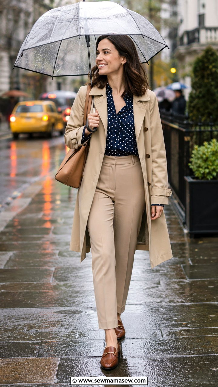 Printed Blouse With Neutral Trousers And Raincoat - 30 Rainy day work outfit ideas