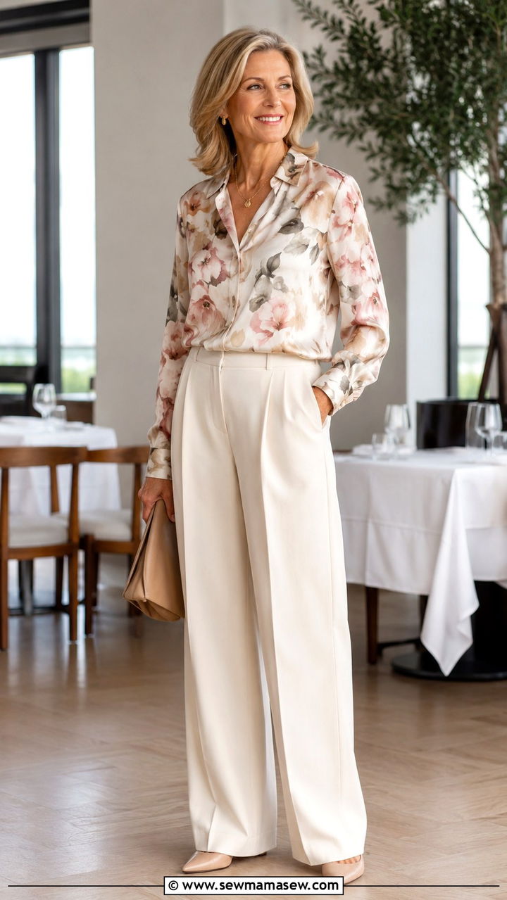 Printed Blouse With Neutral Wide Leg Trousers - 25 Outfit ideas for women over 50 2026