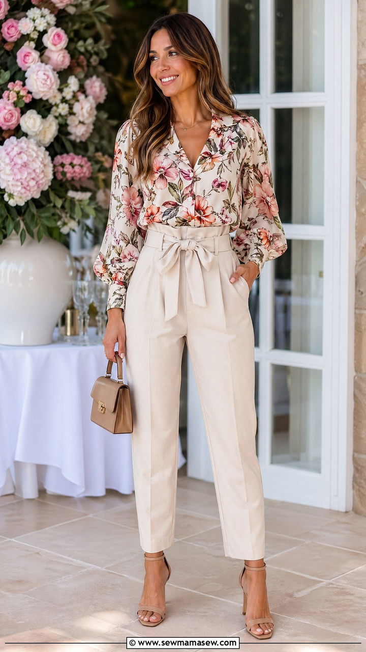 Printed Blouse and Paperbag Waist Pants Outfit - 35 Cool mom outfit ideas