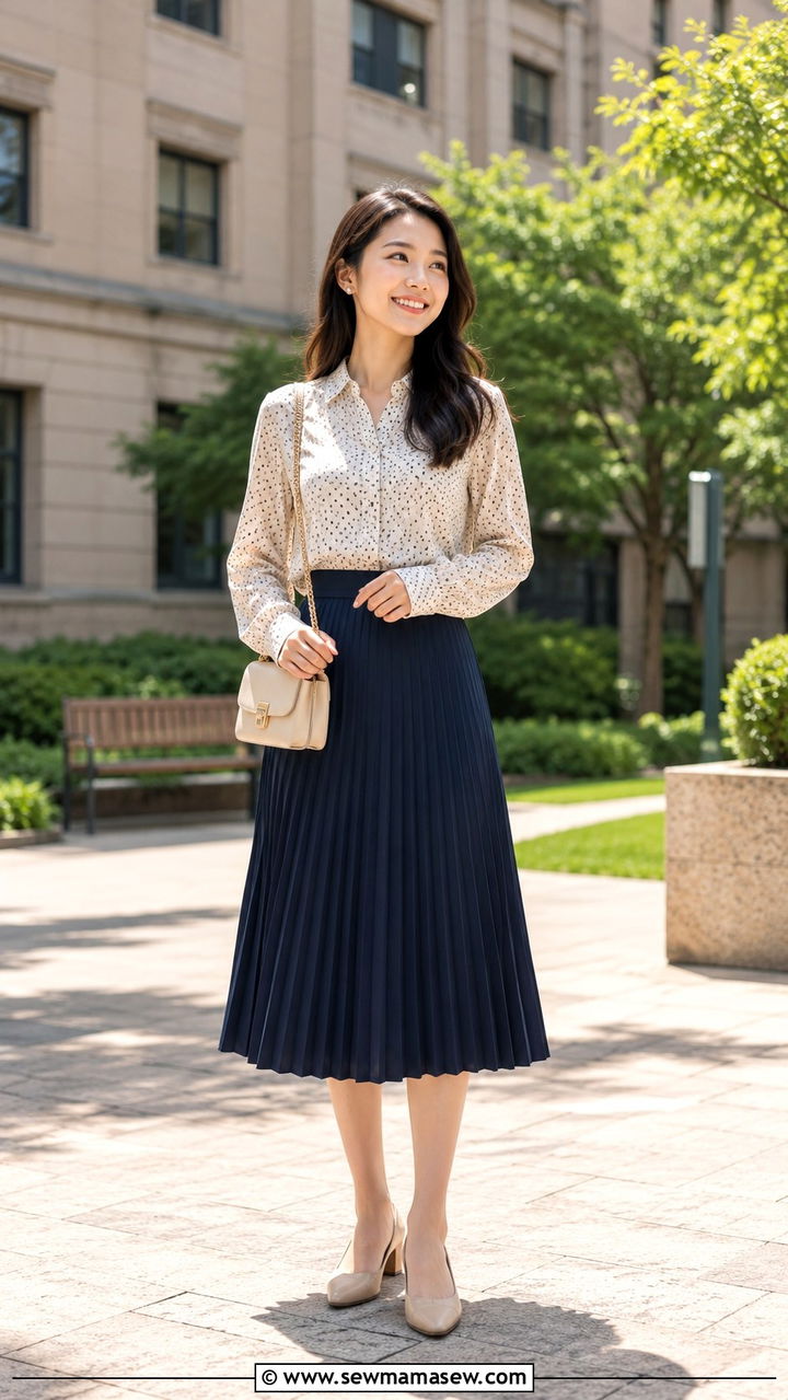 Printed Blouse and Pleated Midi Skirt Business Casual Look - 30 MBA student outfit ideas