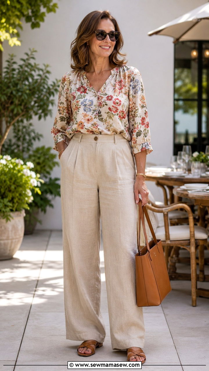 Printed Blouse with Beige Linen Trousers - 30 Modest outfit ideas for women over 50
