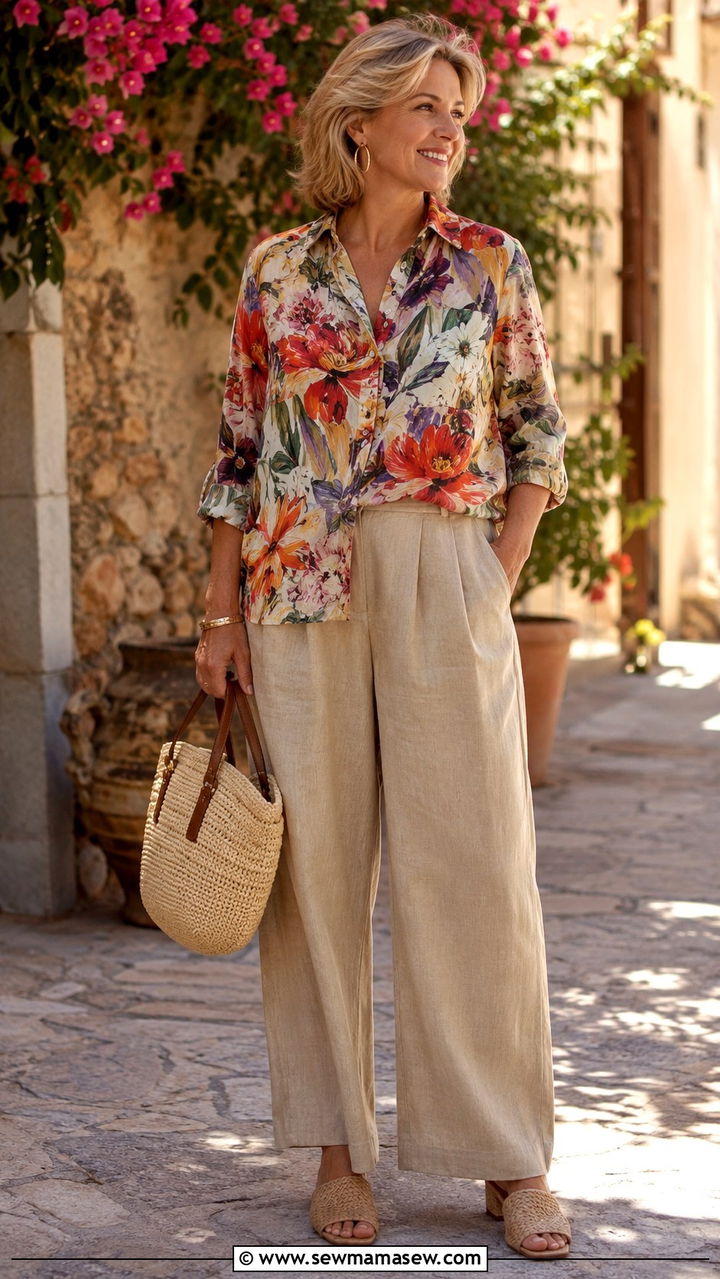 Printed Blouse with Beige Linen Trousers - 30 Outfit ideas for women over 45