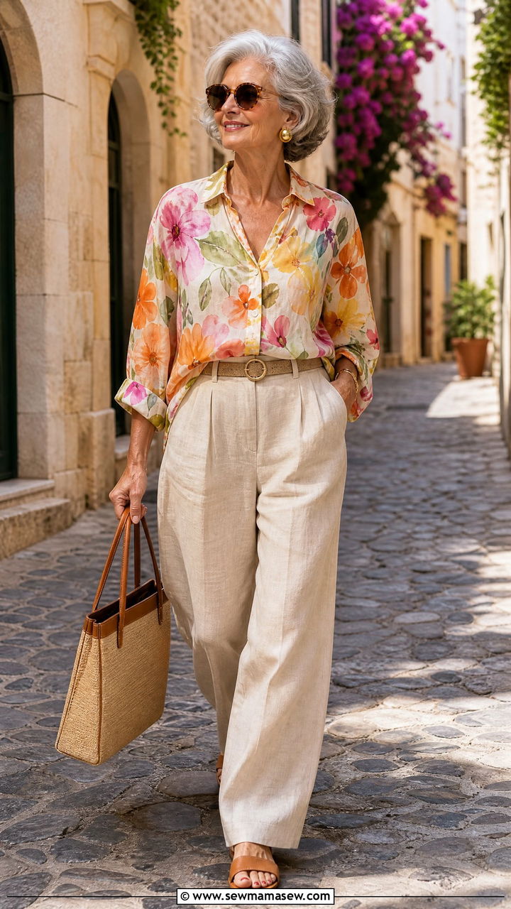 Printed Blouse with Beige Linen Trousers - 30 Elegant outfits for older women