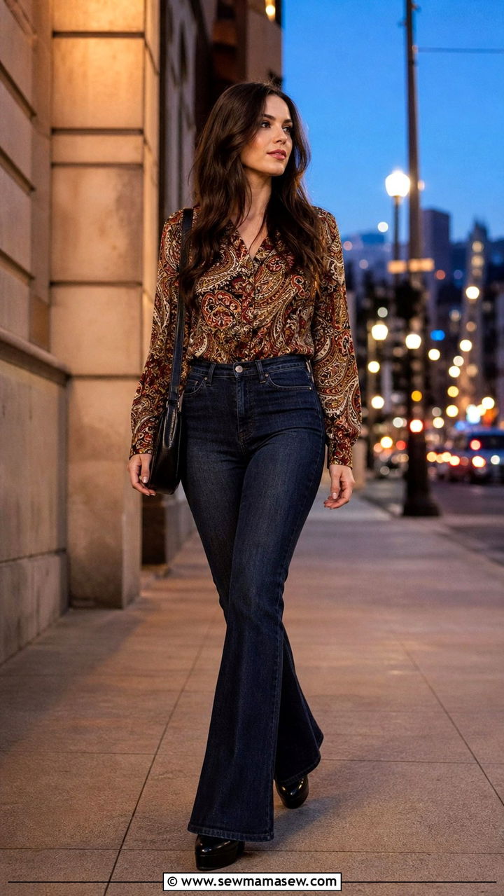 Printed Blouse with Dark Flare Jeans and Platform Heels - 40 casual jeans outfits