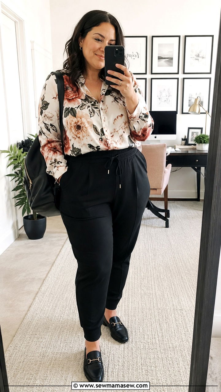 Printed Blouse with Joggers and Leather Loafers - 30 Plus size corporate outfit ideas