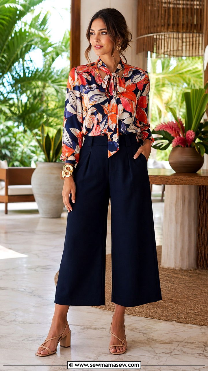Printed Blouse with Solid Wide Leg Crop Trousers - 25 Vacation outfits for pear shape