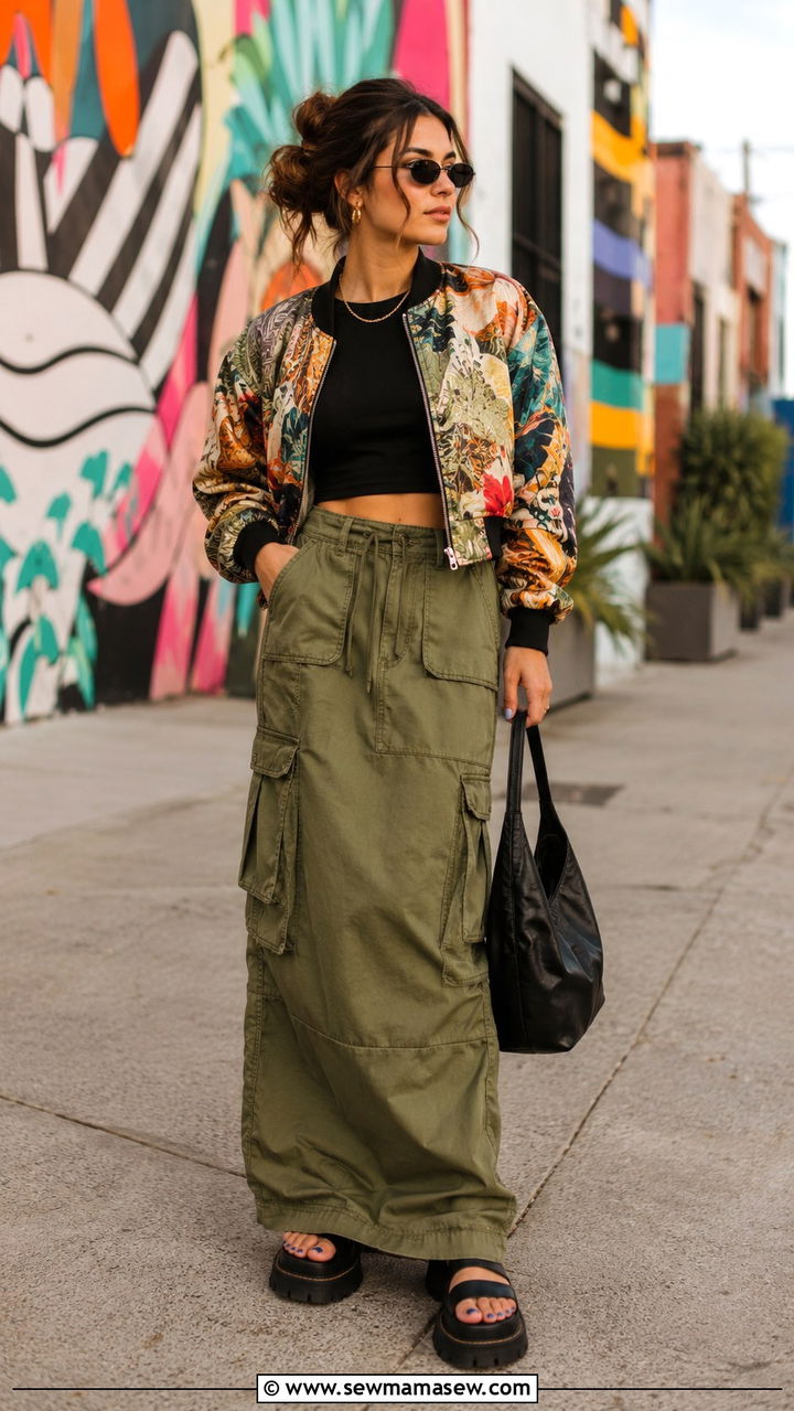 Printed Bomber Jacket With Cargo Maxi Skirt - 30 spring bomber jacket outfit ideas