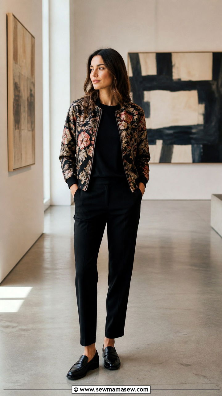 Printed Bomber with Black Trousers and Loafers - 40 casual jacket outfits