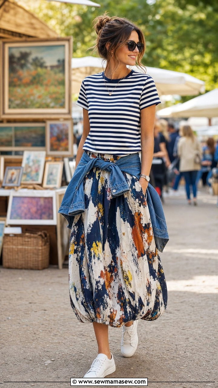 Printed Bubble Skirt With Striped Top and Sneakers - 25 spring bubble skirt outfit ideas