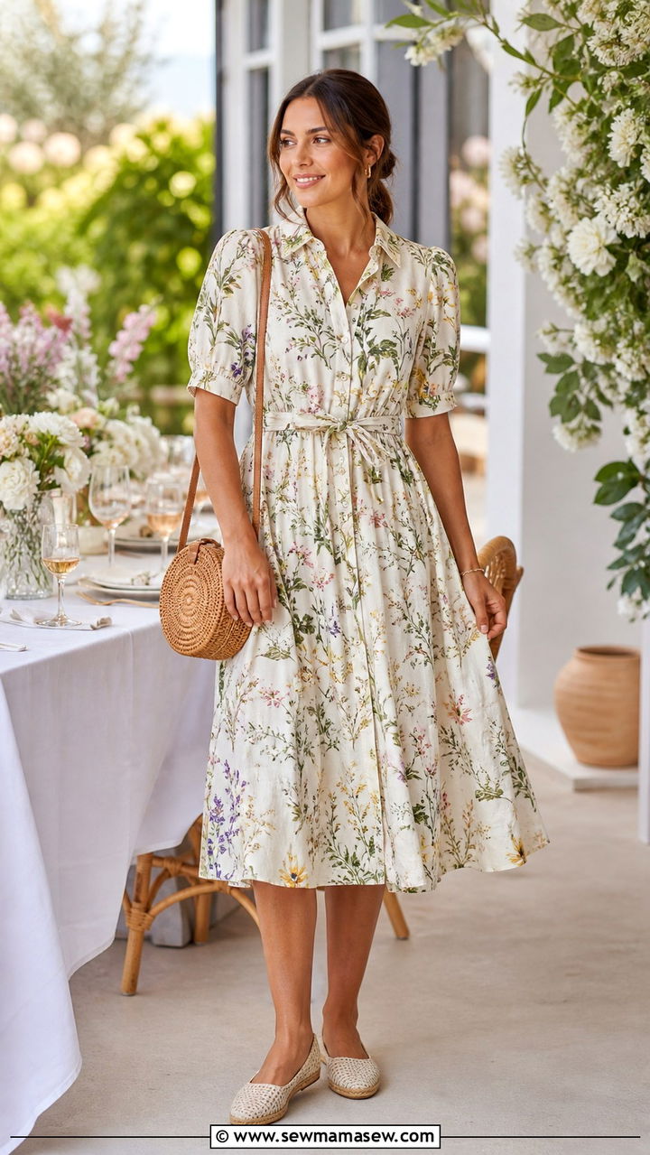 Printed Button Down Midi Dress with a Woven Crossbody Bag - 40 Spring baby shower outfits
