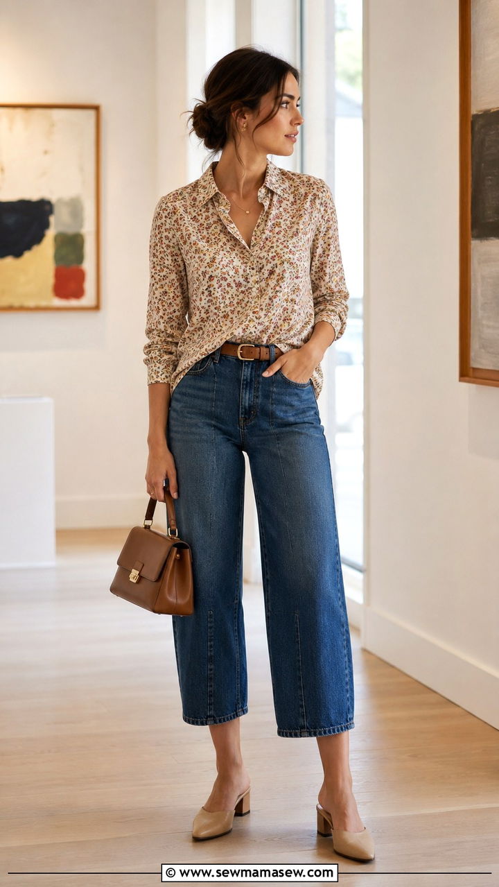 Printed Button Down With Cropped Barrel Jeans and Mules - 25 Barrel jeans outfit ideas with a button down