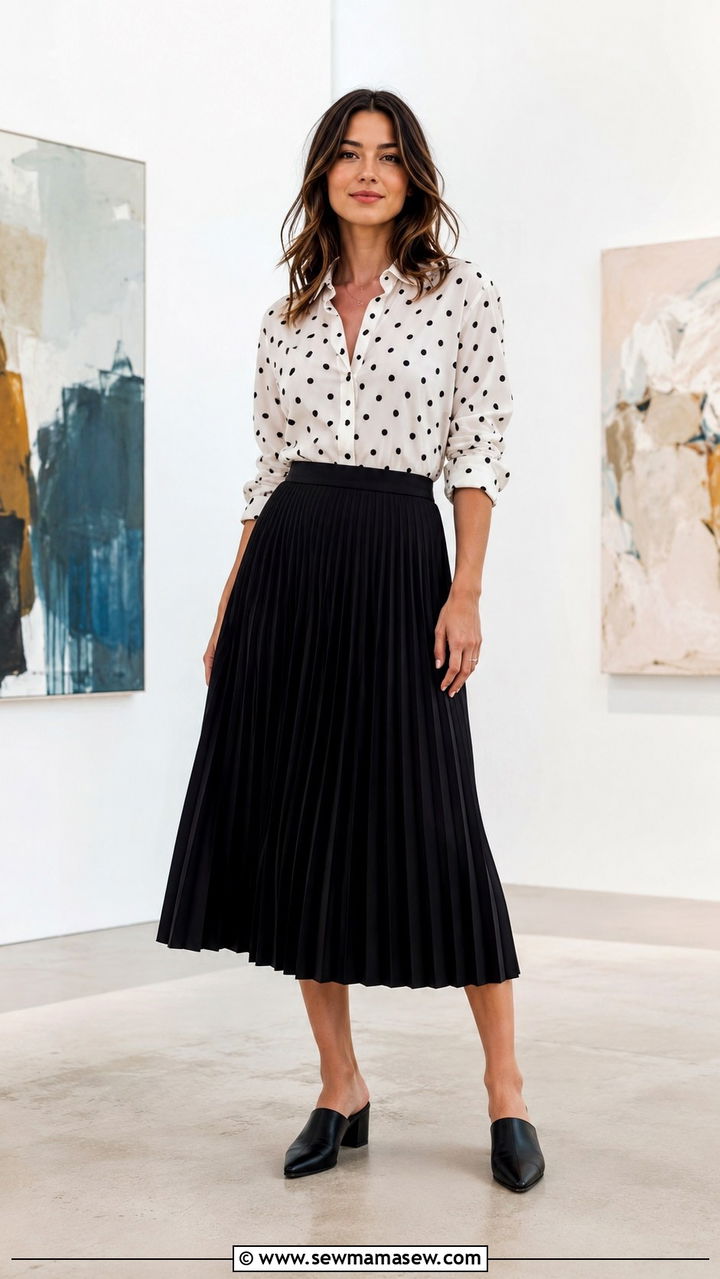 Printed Button Down With Solid Pleated Midi Skirt And Mules - 30 Pleated skirt outfit ideas with a button down