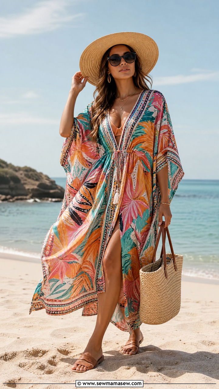 Printed Caftan Beach Cover Up - 30 summer modest outfit ideas