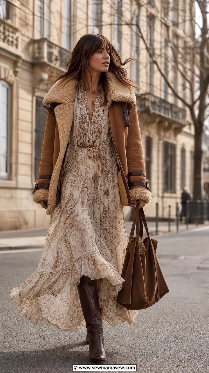 Printed Chiffon Maxi Dress Under a Shearling Coat - 25 Chloé boho outfit ideas