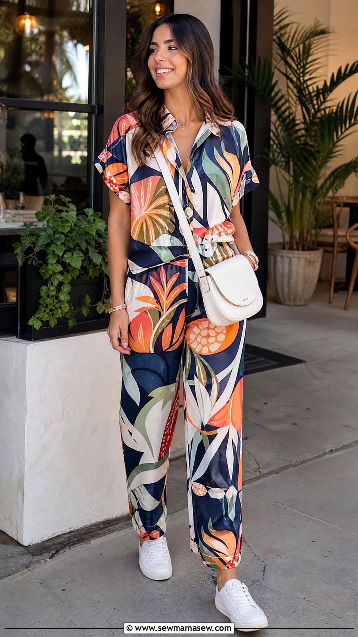 Printed Co Ord Set With White Sneakers - 25 Brunch outfit ideas with co-ord set