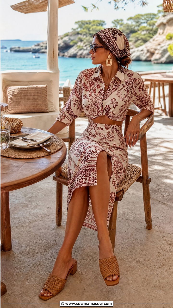 Printed Co Ord Set With Woven Mules - 35 Ibiza vacation outfit ideas