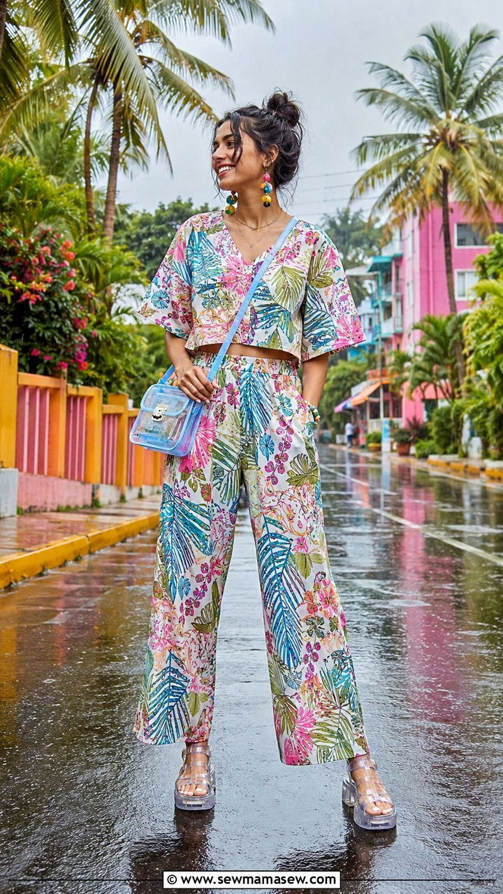Printed Cotton Co ord Set with Jelly Sandals - 30 Rainy vacation outfit ideas