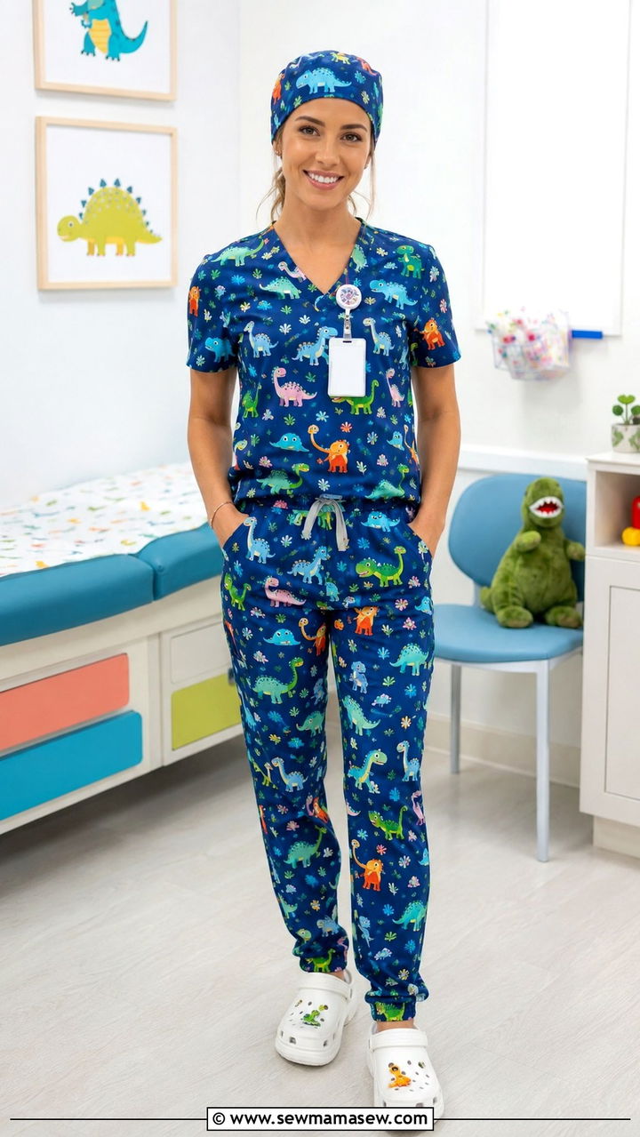 Printed Dinosaur Scrub Set With Matching Scrub Cap And Crocs - 25 Pediatric nurse outfit ideas