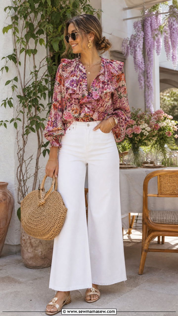 Printed Floral Blouse With White Wide Leg Jeans And Sandals - 30 Summer outfits with wide leg jeans