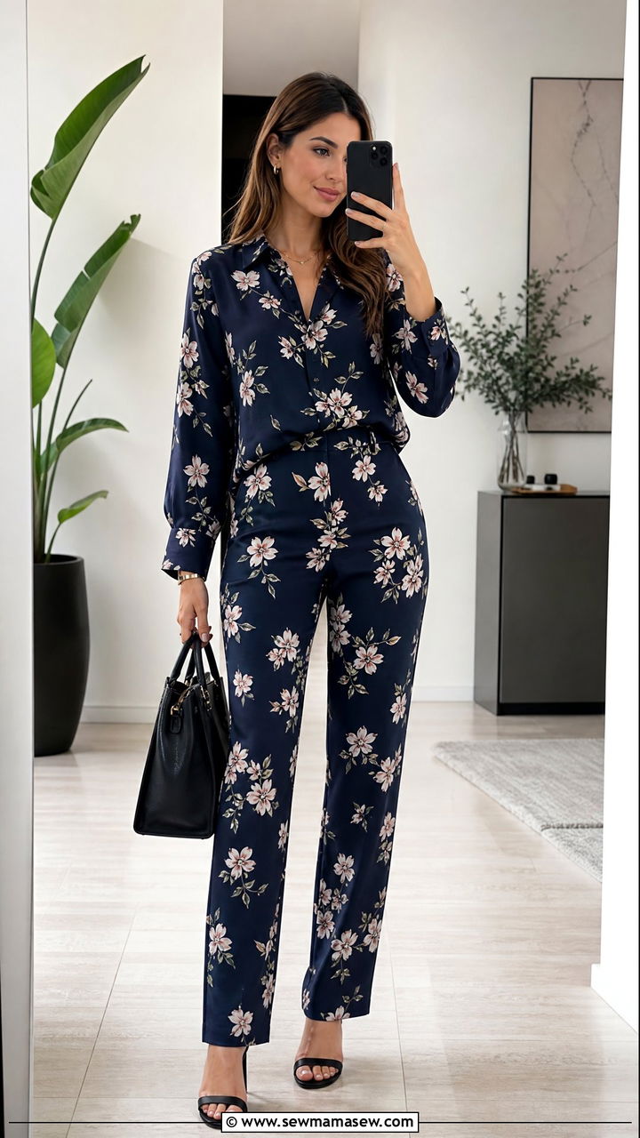 Printed Floral Blouse and Matching Trousers Set - 30 Matching set outfit ideas for work