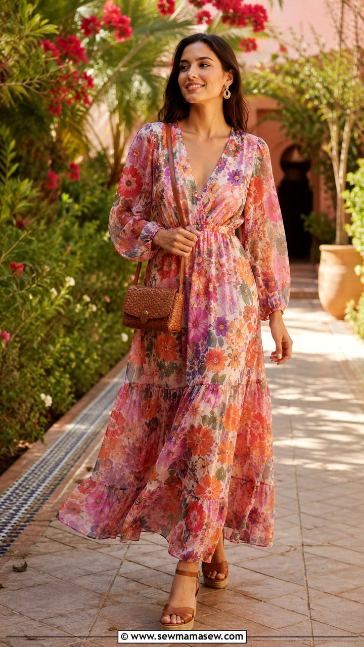 Printed Floral Maxi Dress with Woven Leather Bag - 25 Wedding guest outfit ideas Moroccan wedding