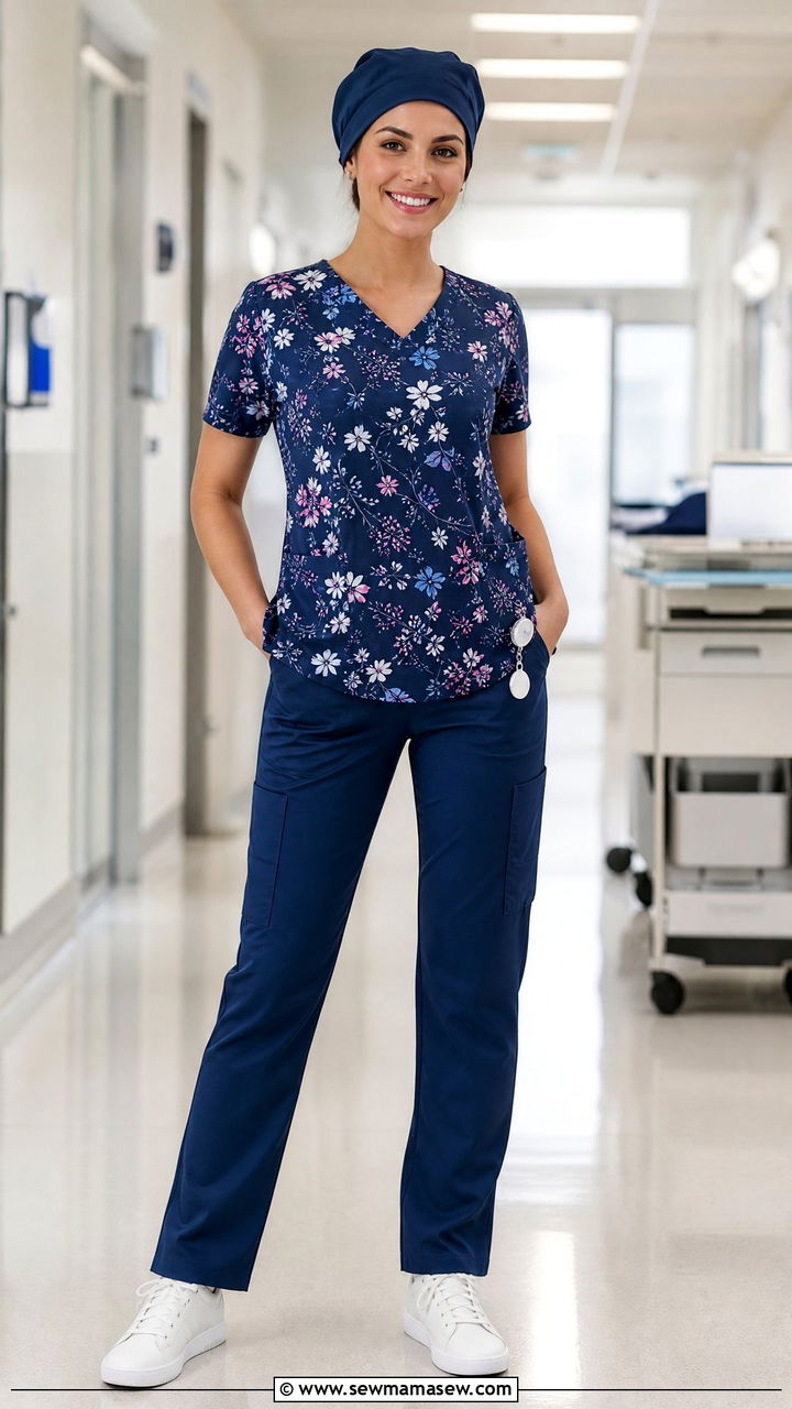Printed Floral Scrub Top With Solid Navy Pants - 30 ER nurse outfit ideas