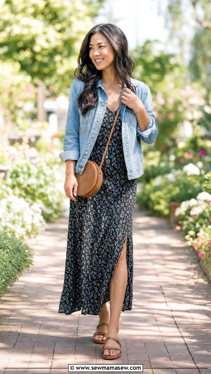 Printed Floral Slip Dress With Light Wash Denim Jacket - 25 Slip dress outfit ideas with a denim jacket