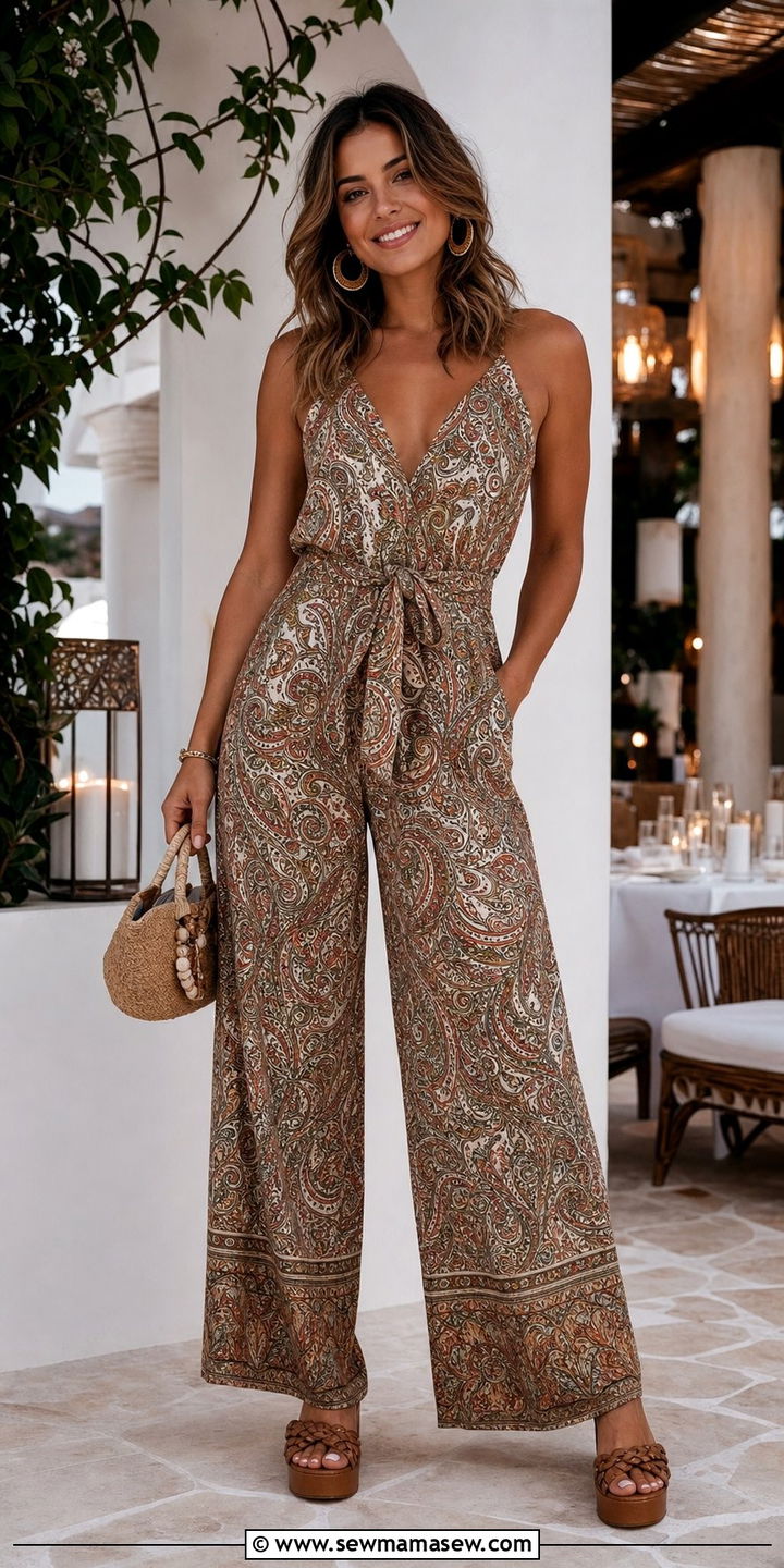 Printed Jumpsuit With Platform Sandals - 35 casual boho chic outfits