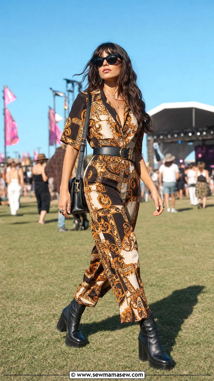 Printed Jumpsuit with Platform Boots Concert Outfit - 25 concert outfits inspo