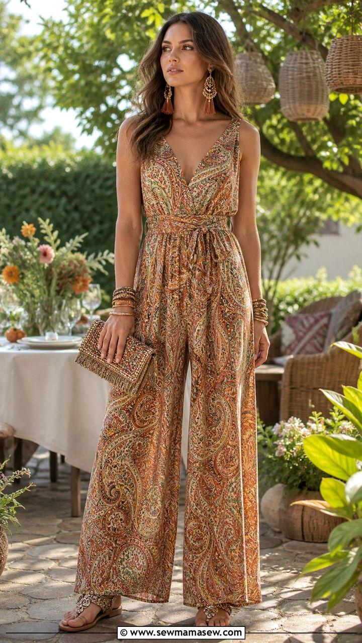 Printed Jumpsuit with Statement Earrings and Sandals - 40 Bohemian outfit ideas