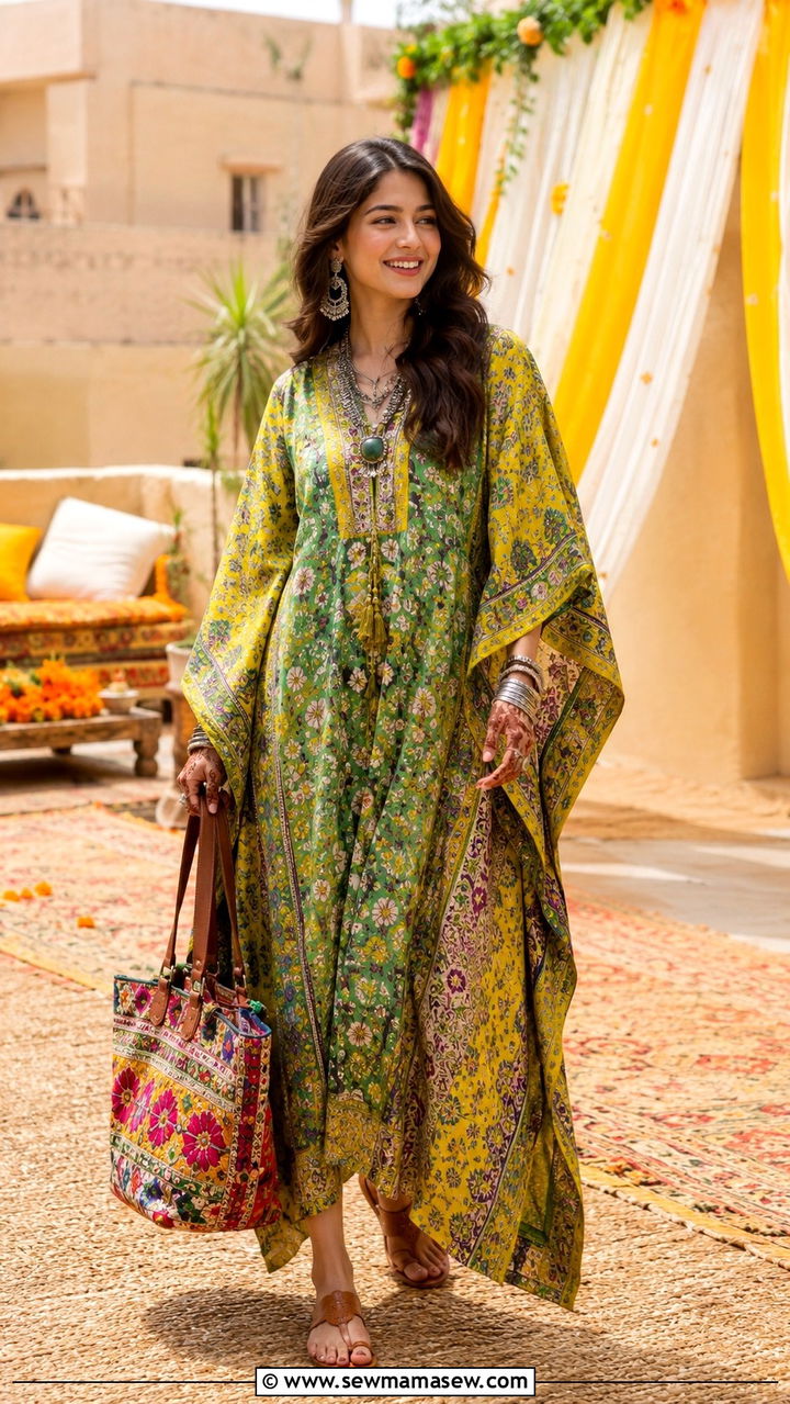 Printed Kaftan Dress With Ethnic Motifs - 30 Mehndi outfit ideas