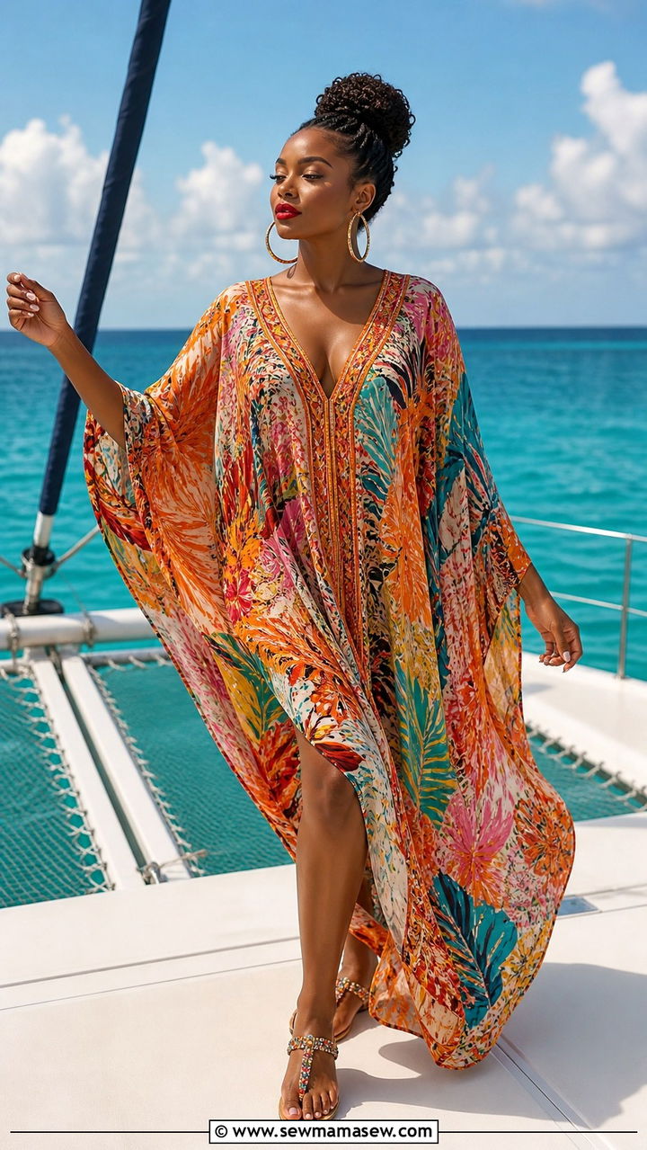 Printed Kaftan Dress With Flat Strappy Sandals - 40 What to wear in Barbados