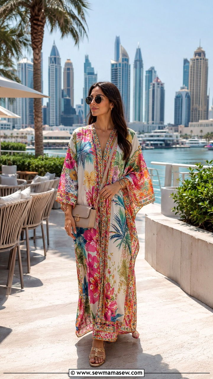 Printed Kaftan Dress With Gold Sandals Dubai Outfit - 20 Modest outfit ideas for Dubai