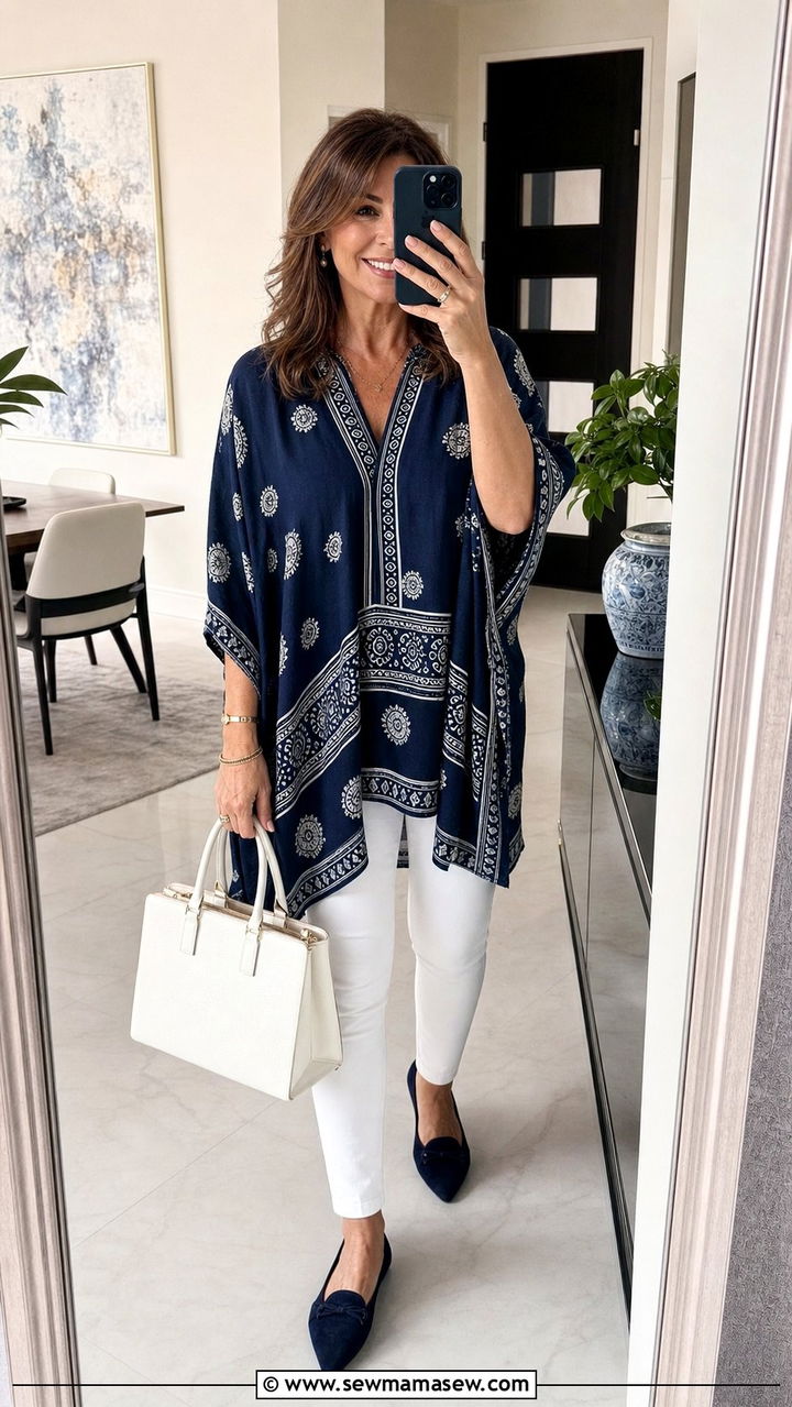 Printed Kaftan Tunic With White Skinny Jeans - 25 Cover up outfit ideas for women over 40