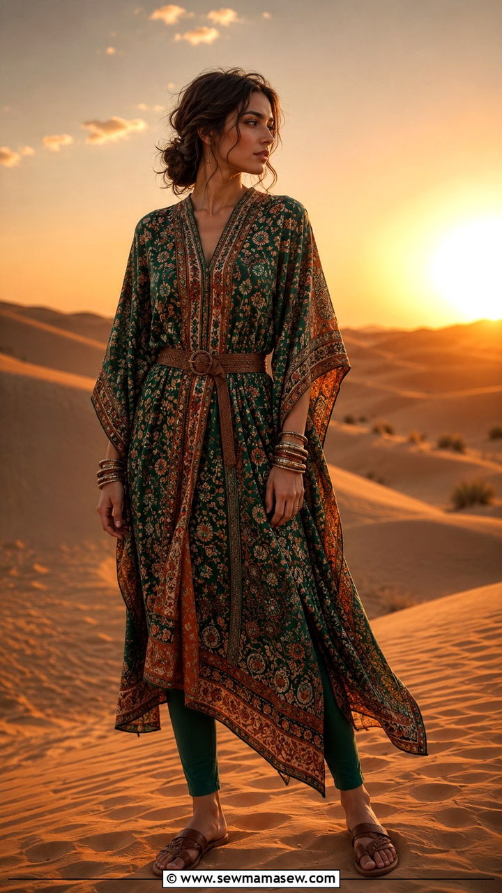 Printed Kaftan With Leggings And Sandals - 25 Modest outfit ideas for desert trip
