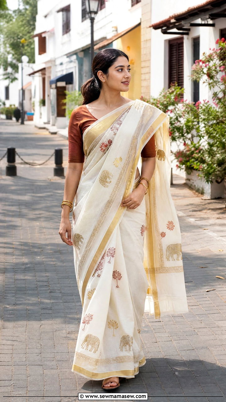 Printed Kasavu Saree With Traditional Motifs - 25 Kerala outfit ideas