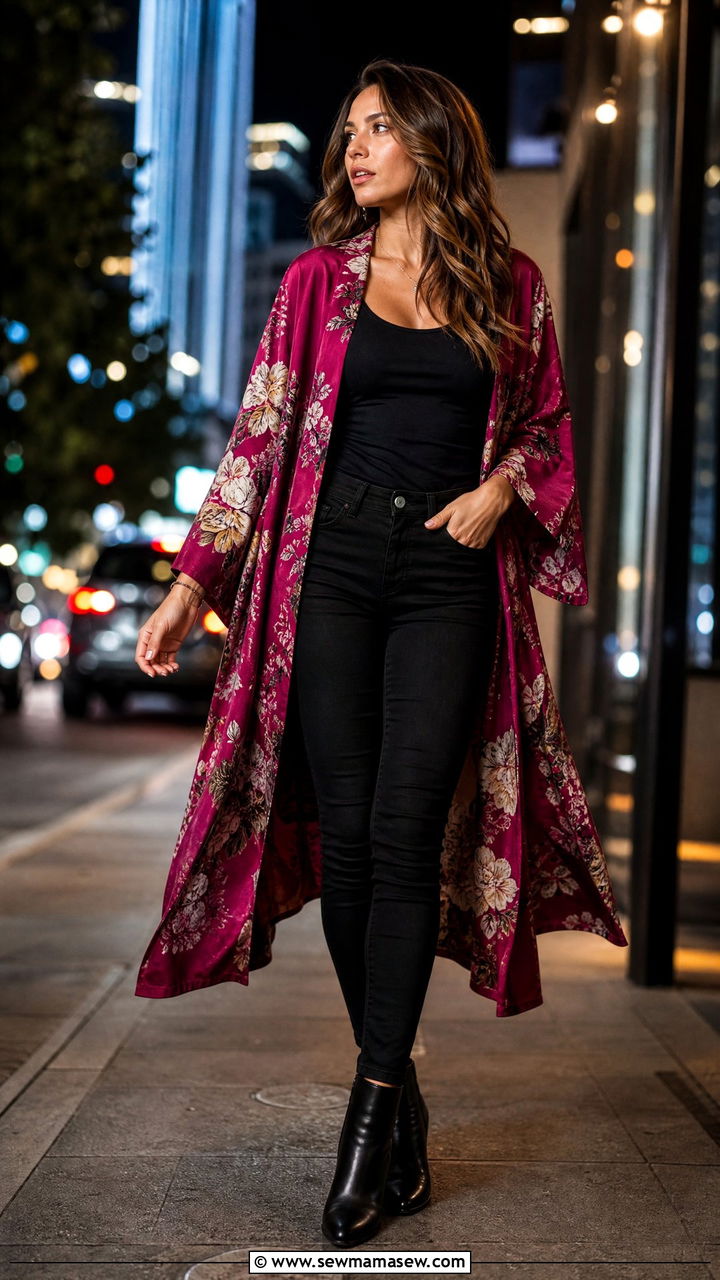 Printed Kimono Cover Up With AllBlack Outfit - 25 Kimono cover up outfit ideas