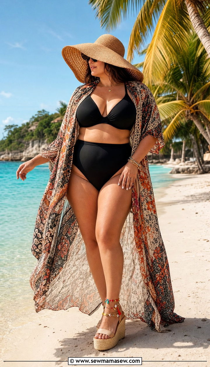 Printed Kimono Cover Up With High Waist Bikini - 25 summer outfits for women with tummy