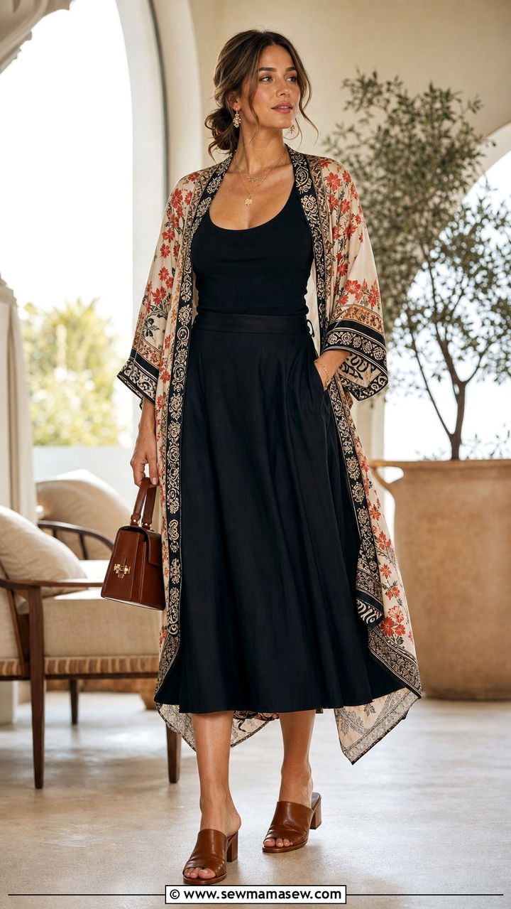 Printed Kimono Over Black Tank And A Line Skirt - 25 Summer outfits for apple shape