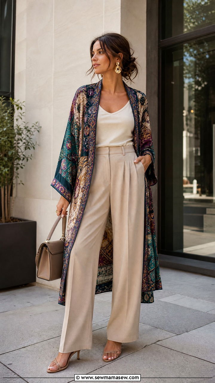 Printed Kimono Over Tank And Pleated Pants - 35 Modern boho outfit ideas