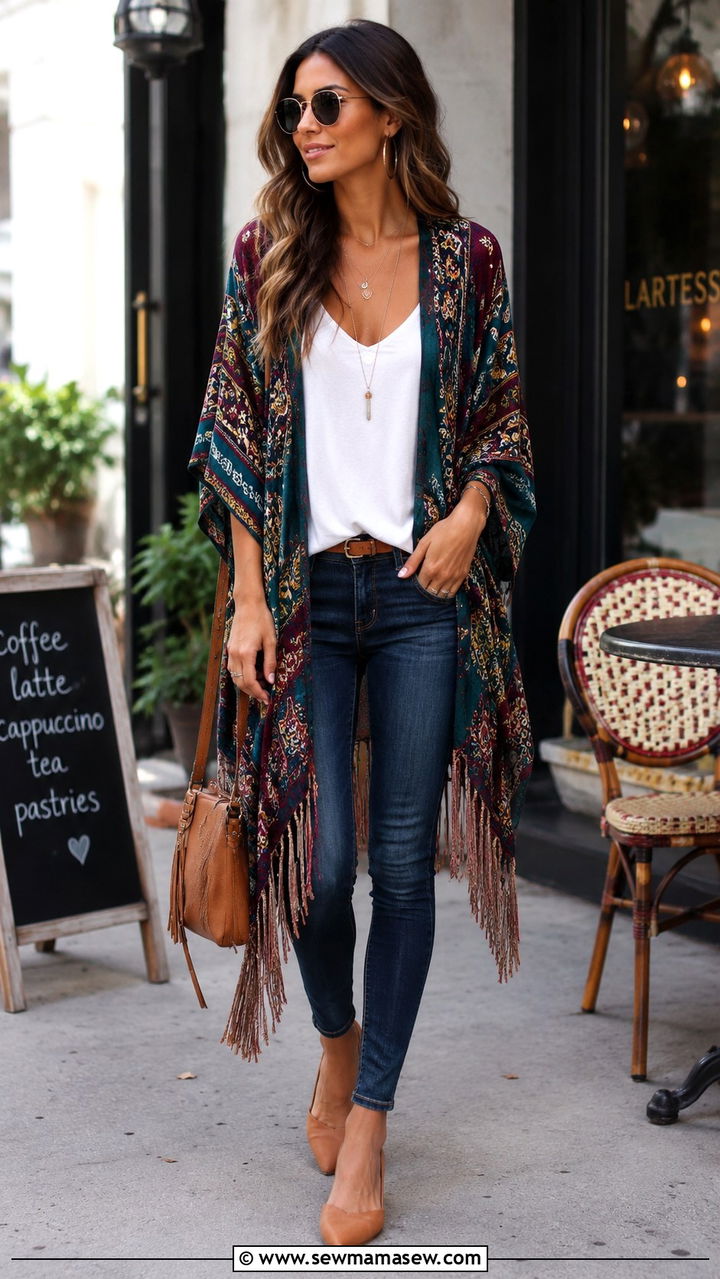 Printed Kimono Over Tank Top And Skinny Jeans - 25 boho chic outfits to copy