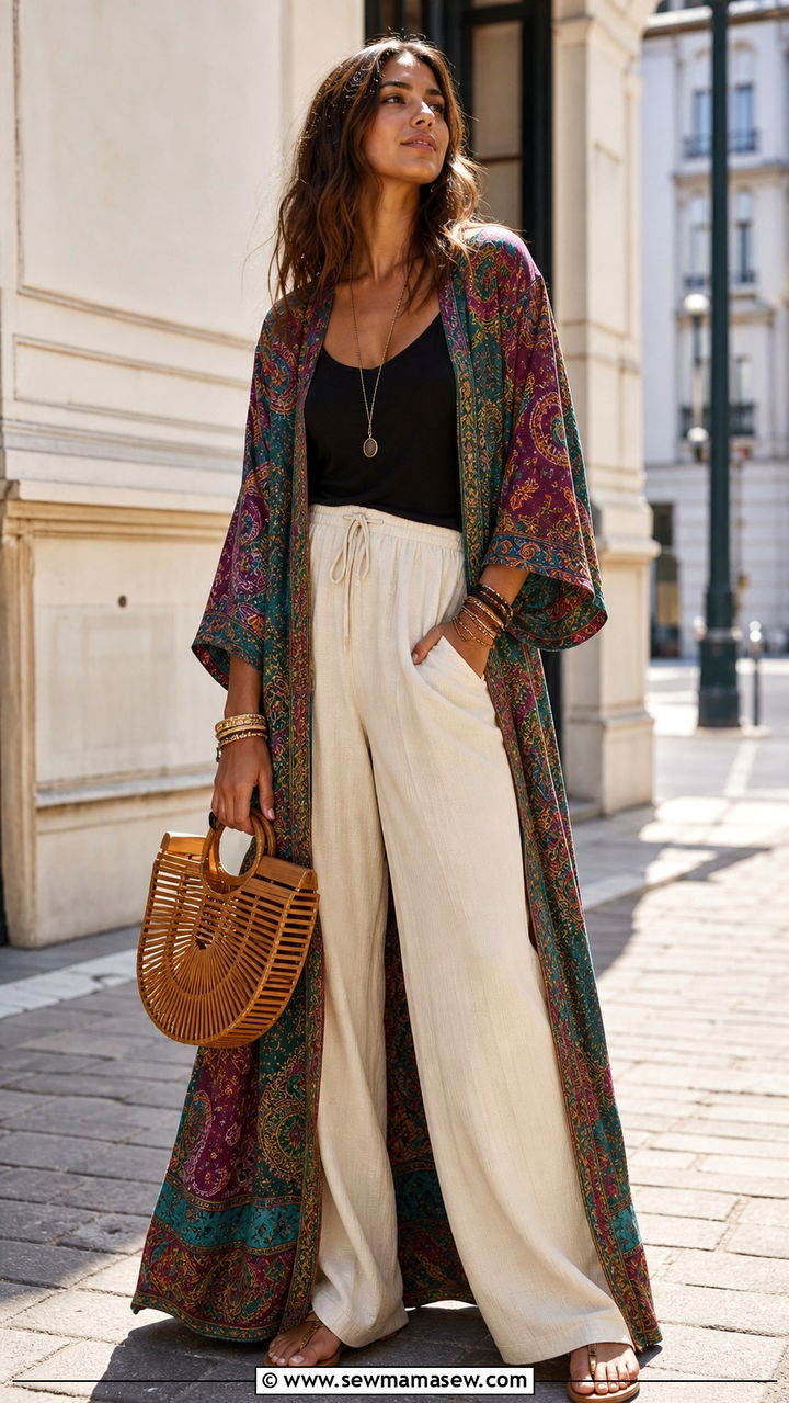 Printed Kimono Over Tank and Wide Leg Pants - 40 boho chic outfits