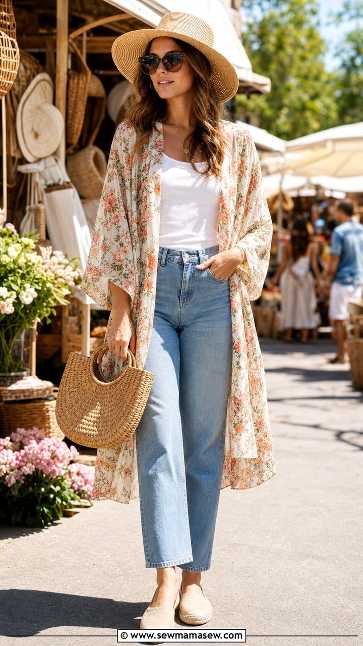 Printed Kimono Over a Tank Top and Jeans - 25 Summer layering outfits