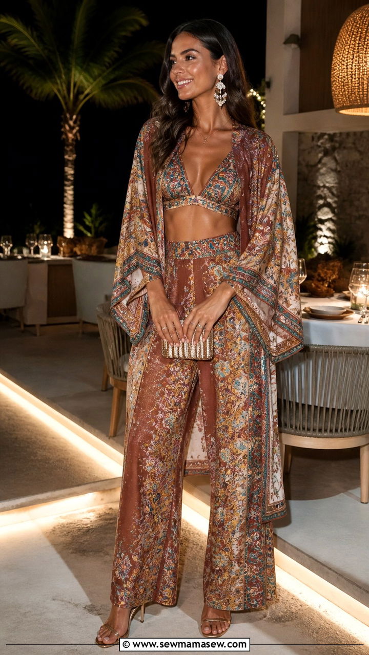 Printed Kimono Set with Wide Leg Trousers - 40 Bohemian outfit ideas