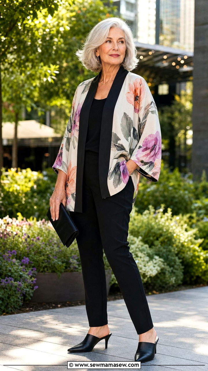 Printed Kimono Style Jacket With Black Shell and Slim Pants - 35 Business casual outfits for women over 60