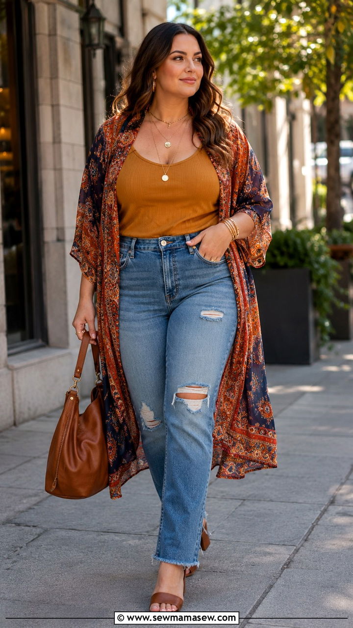 Printed Kimono With Tank Top And Distressed Jeans - 25 Plus size outfit ideas boho