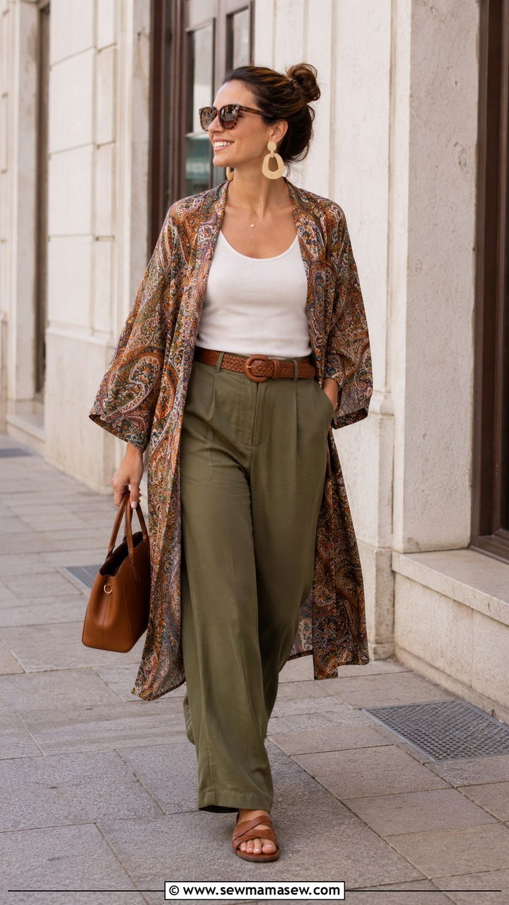 Printed Kimono and Wide Leg Trousers Boho Chic - 25 boho chic outfits inspo