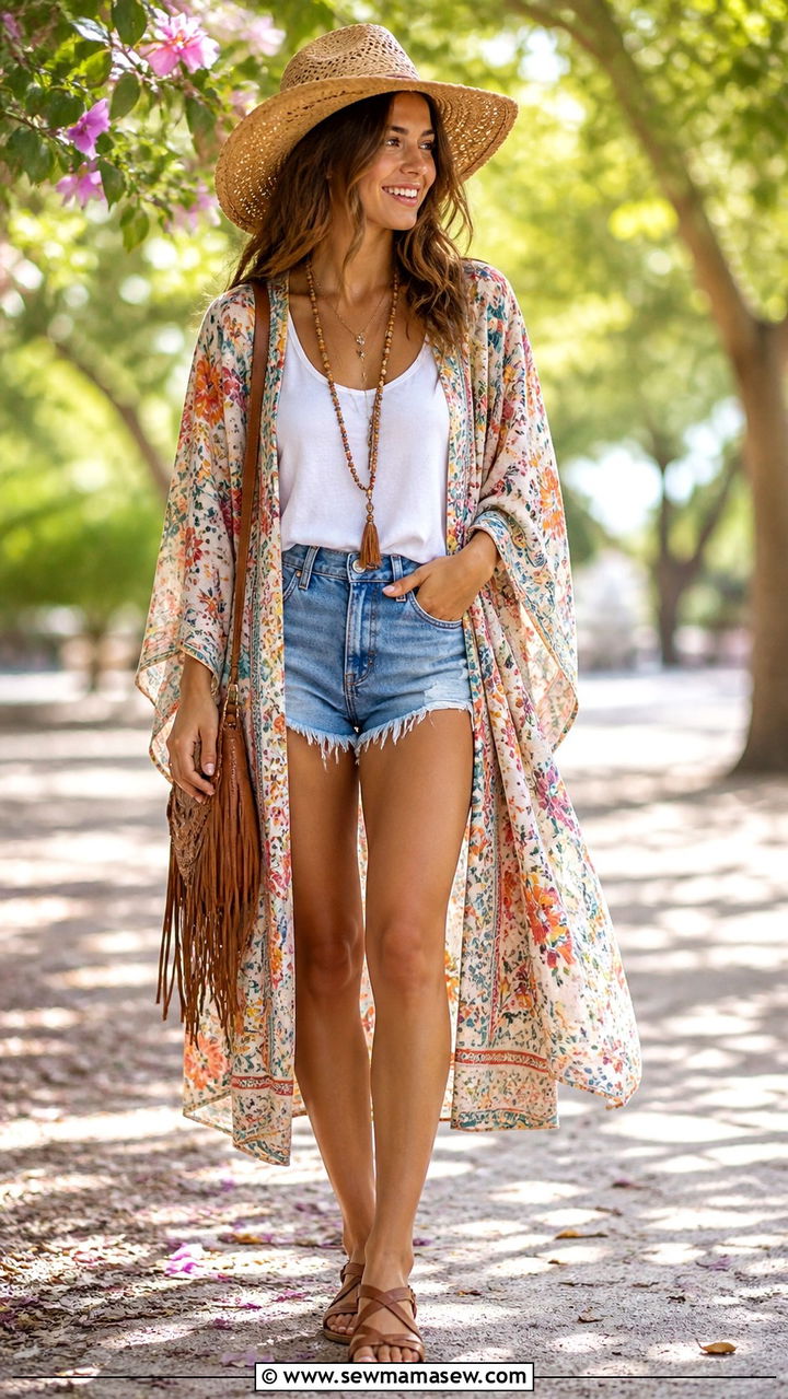 Printed Kimono with Denim Shorts - 40 Bohemian outfit ideas
