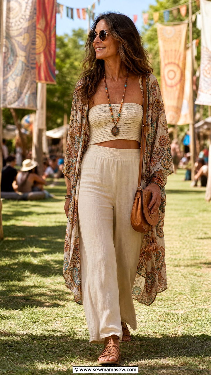 Printed Kimono with Wide Leg Pants and Bandeau Top Festival Outfit - 30 music festival outfits for women over 40