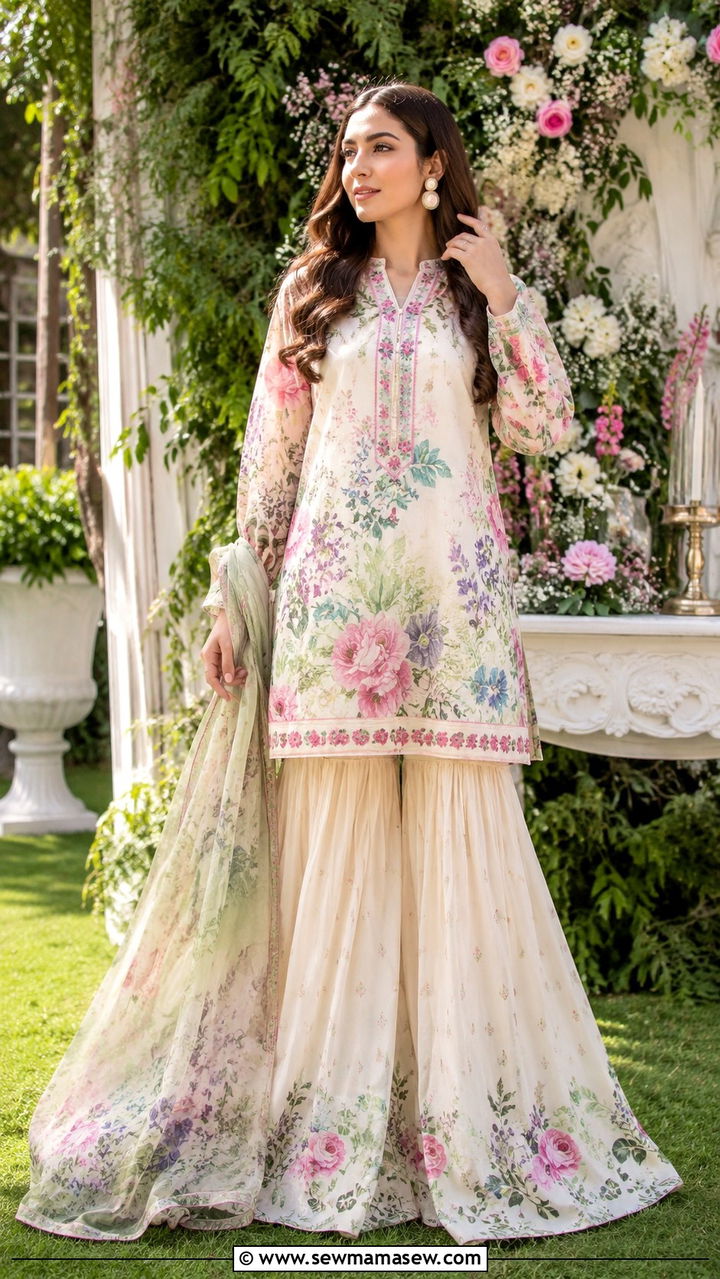 Printed Lawn Dress With Farshi Shalwar - 20 Modest outfit ideas for Pakistan